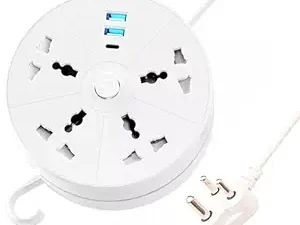 mos  EMBOX Rotary Extension Board with USB C USB A Extension Board with Switches Universal Sockets LED Indicator-5 mtr Extension Cord, Multi Plug Socket with Safety Shutter(4 Sockets + 3USB Retractable)