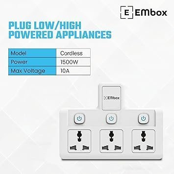 MOS EMBOX Multi Plug Socket with Individual Switch-Cordless Extension Board with 3 Universal Sockets-Multiplug -1500W - Image 5