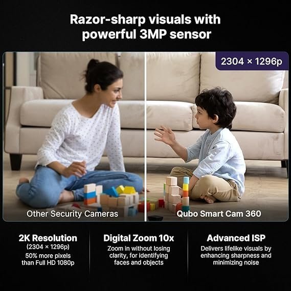 Qubo Smart 360 2K 3MP 1296p WiFi CCTV Security Camera from Hero Group | Mobile App | Two Way Talk | Night Vision | Cloud & SD Card Recording | Alexa & OK Google | (3MP) - Image 4