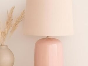 Homesake® Modern Small Ceramic Table Lamp, Classic Bedside Desk lamp for Living Room Bedroom, Farmhouse Nightstand Lamps with Pink Fabric Shade (Dovel Pink)