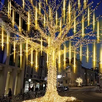 mos XERGY Meteor Lights 8 Tube 192 LED 14 Inch Waterproof Plug in Falling Rain Fairy String Lights for Halloween Christmas Holiday Party Home Patio Outdoor Decoration Tree Decorations, Warm White