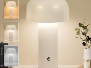 XERGY Plastic Cordless Cute Mushroom Table Lamp, 1200 Mah USB Rechargeable Battery, 3 Lighting Levels, Touch Control, Night LED Light For Bedroom, Office, Or Living Room, White