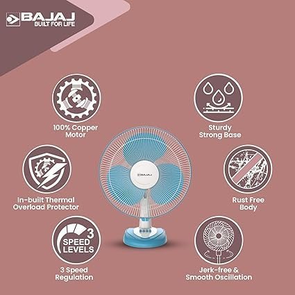 MOS Bajaj Frore Neo Table Fan 400 MM | Table Fans For Home & Office | Aerodynamically Balanced Blades | 100% Copper Motor | High Air Delivery | 3-Speed Control | 2-Yr Warranty 【Blue】 - Image 3
