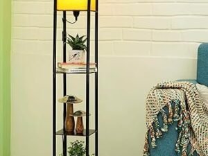 Crosscut Furniture Wood Tower Floor Lamp with Printed Shade (Fresh Yellow), Led