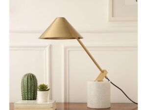 Decor de Maison Handcrafted Gold Metal Cone Shade Lamp with White Marble Base Modern and Contemporary Table Lamps in Aluminium (White) Table Lamp for Study Rooom Office Desk...