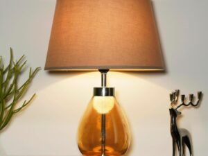 Kapoor E-ILLUMINATIONS Fondi Amber and Nickel Finish Table Lamp with Beige Cotton Shade