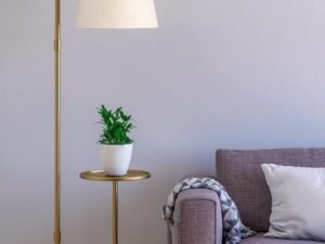 NEUMARK Modern Floor Lamp with End Table, Rubber Wood Bedside Table Lamp with Adjustable Drum Shade, Rustic Tall Pole Shelf Reading Standing Light for Farmhouse Bedroom, Living...