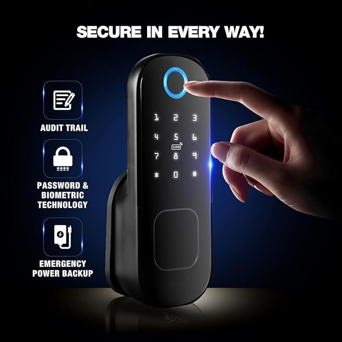 Auslese® Series 5- WiFi Smart Biometric Door Rim Lock with App Support | Finger Print | RFID + Passcode | Mechanical Key | OTP | Black - Image 3